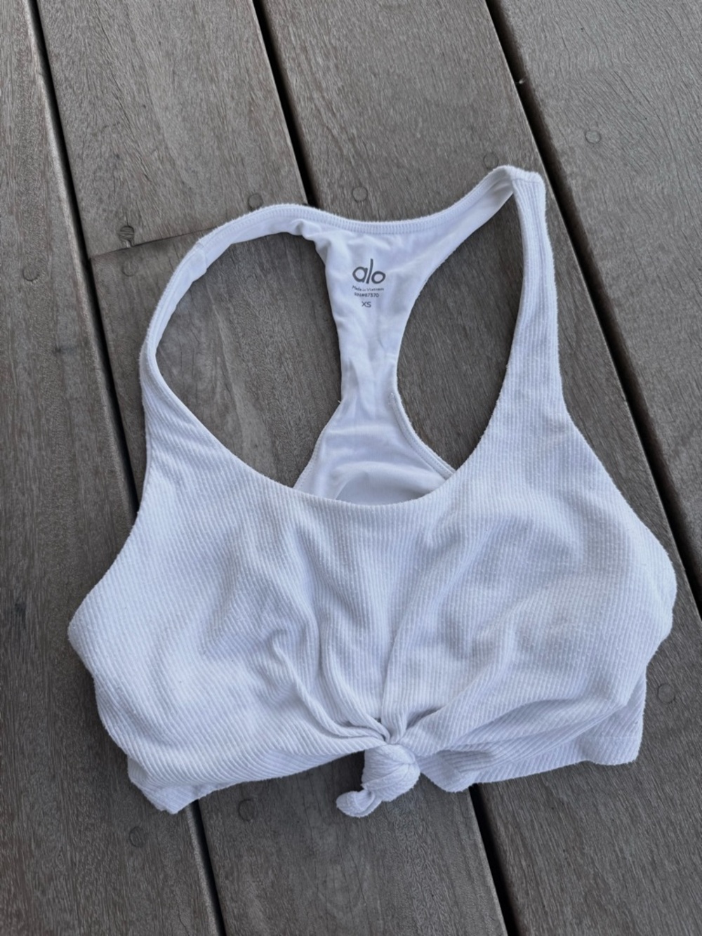 Alo White Ribbed Knot-Front Sports Bra